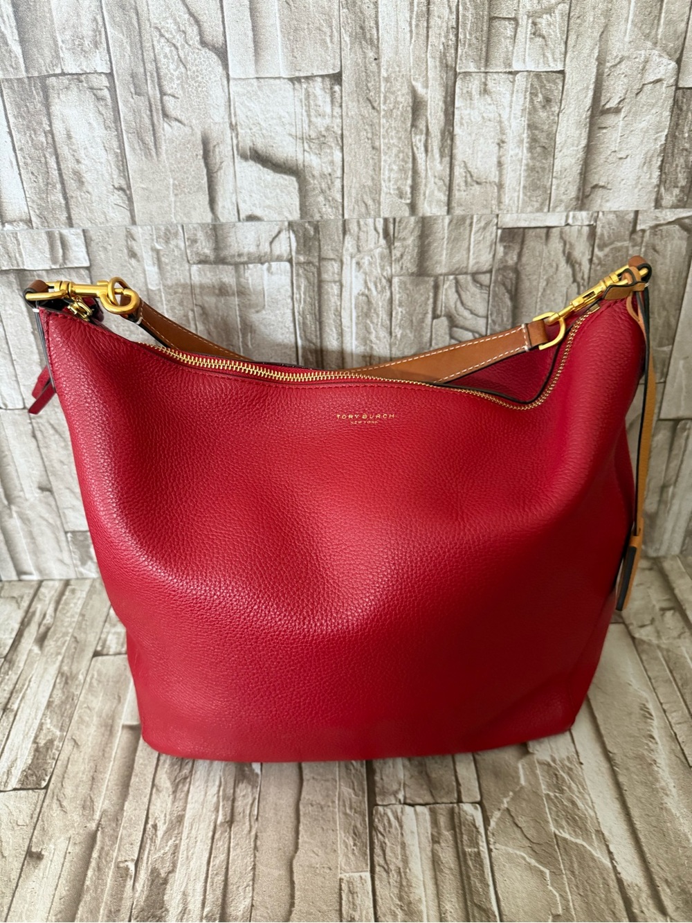 Tory Burch Red Perry Pebbled Leather Shoulder Hobo with Tan Trim
